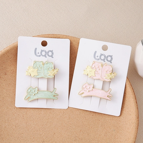 Cute Japanese Style Cartoon Cat Enamel Hair Clips For Women Sweet Star Sakura Drip Oil Alloy Rhinestone Hairpin Set Hair Accessories