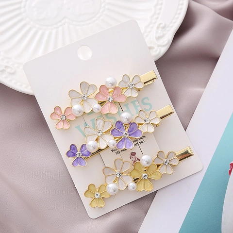 Sweet Enamel Flower Butterfly Hair Clip Set Alloy Rhinestone Artificial Pearl Duckbill Clip Bobby Pin For Women Girls Hair Accessories