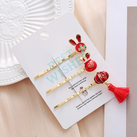 Traditional Chinese New Year Rabbit Lantern Hair Clips Red Gold Alloy Enamel Fu Character Tassel Bobby Pins For Women Festive Hair Jewelry