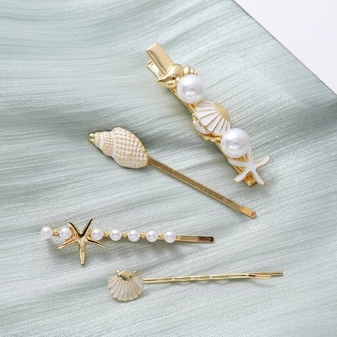 Horquillas para el Cabello para Mujer de Aleación con Perlas Artificiales Estrella de Mar y Concha Chapado en Oro Accesorios