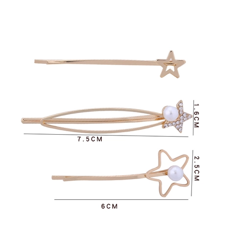 Fermagli per Capelli in Metallo con Stella e Perla Artificiale in Stile Coreano Set da Tre Pezzi Oro Clip per Frangia Donna