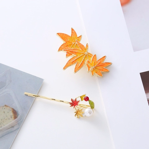Herbst Ahornblatt Glitzer Haarklammer Set Legierung Strass Imitation Künstliche Perle Emaille Orange Haarnadel Damen Haarschmuck