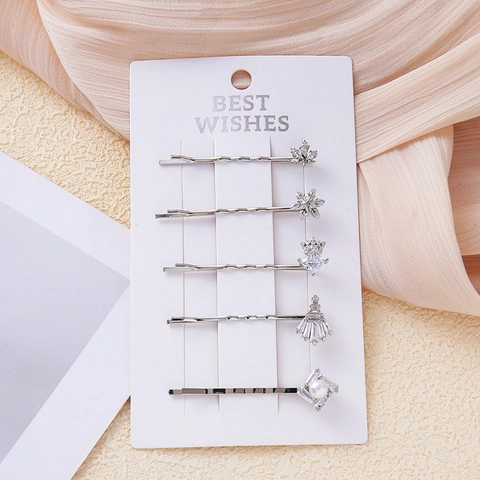 Juego de 5 Pasadores para el Cabello de Aleación de Zinc con Strass Flor Oro Plata Perla Artificial Copo de Nieve Mujer Joyería