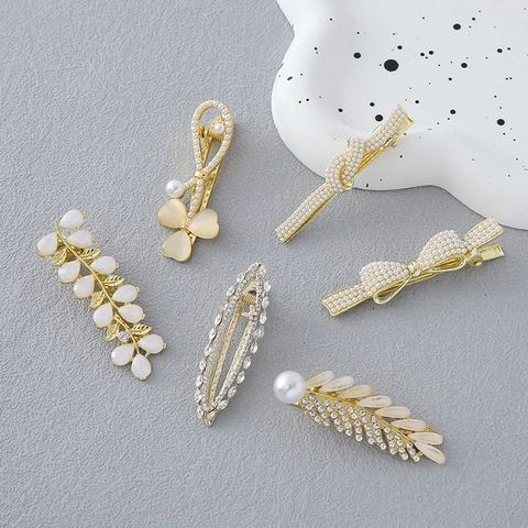 Elegant Alloy Leaf Flower Hair Clip Gold Faux Artificial Pearl Rhinestone Cat Eye Stone Duckbill Clip For Women Daily Wedding Jewelry