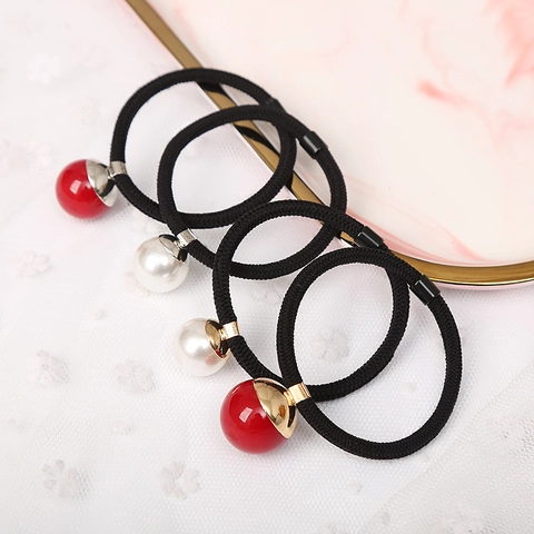 Gomas de Pelo Elásticas Simples para Mujer Con Perlas Artificiales Artificiales y Cuentas Rojas Estilo Coreano Elegantes Anillos de Pelo Alta Elasticidad