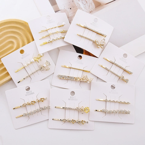 French Elegant Gold Alloy Hair Clips Set With Artificial Pearl And Rhinestone Flower Butterfly Bobby Pins For Women Girls