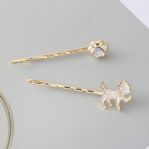 Cute Cat Animal Alloy Hair Clip Set Gold Enamel Cat Paw Heart Rhinestone Bobby Pins Simple Sweet Hair Accessories For Women