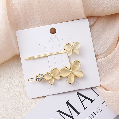 Alloy Gold Plated Artificial Cat Eye Rhinestone Hair Clips Butterfly Flower Leaf Shapes Elegant Hair Accessories For Women