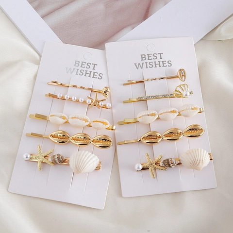 5 Stk. Gold Legierung Ozean Haarspangen Set Mit Seestern Muschel Künstliche Perle Strass Haarnadeln Für Damen Sommer Strand