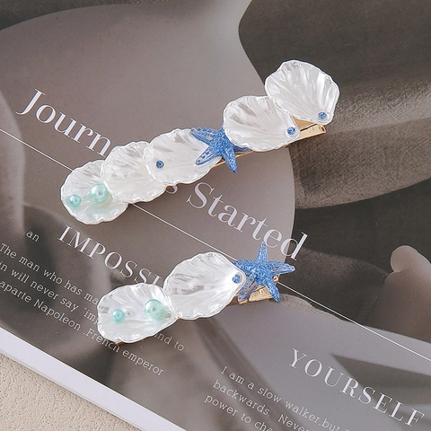 Sweet Ocean Shell Starfish Mermaid Tail Hair Clip Set Mori Style Duckbill Clip Faux Pearl Rhinestone Hair Accessories For Women Girls