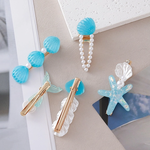 Sweet Ocean Shell Starfish Mermaid Tail Hair Clip Set Mori Style Duckbill Clip Faux Pearl Rhinestone Hair Accessories For Women Girls