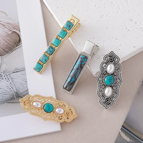 Fermaglio per Capelli in Lega Vintage Turchese Bohémien Strass Forcina Traforata Perle Artificiali Intarsiate Barrettes per Donna