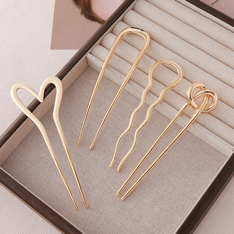 Bastoncini per Capelli Minimalisti in Lega Cuore Nodo per Donna Oro Galvanizzato Accessori per Acconciature Vintage