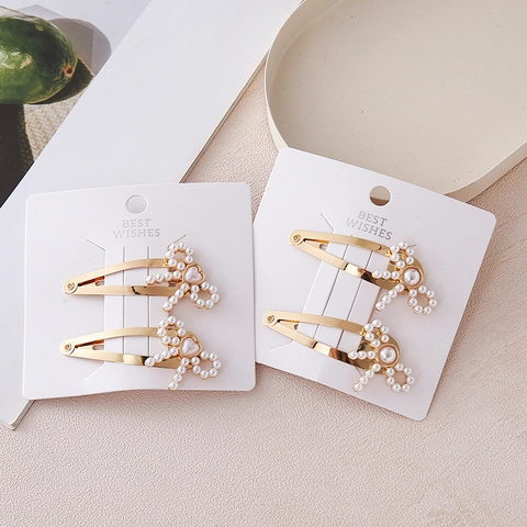 Pinzas para el Cabello de Lazo de Aleación de Oro Sweet Cool Con Perlas Artificiales Corazón Círculo Clip BB Horquillas Hechas a Mano