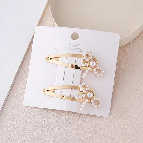 Pinzas para el Cabello de Lazo de Aleación de Oro Sweet Cool Con Perlas Artificiales Corazón Círculo Clip BB Horquillas Hechas a Mano