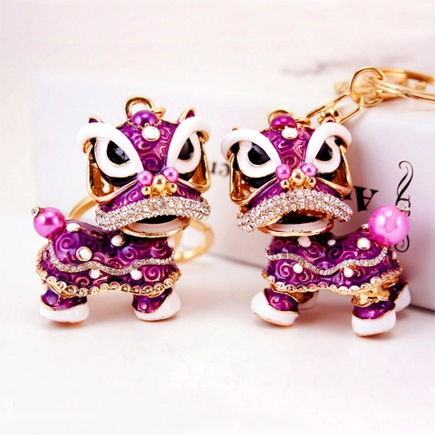 Portachiavi in Stile Cinese con Danza del Leone Strass Smalto Lega Intarsio Cristallo Pendente per Borsa Gioielli Regalo Donna