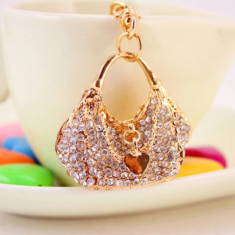 Lussuoso Portachiavi a Forma di Borsa in Lega di Zinco Oro Strass Ciondolo Cuore Accessorio Moda per Borse Donna Ragazza Regalo