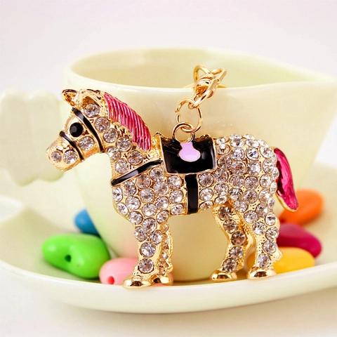 Exquisito Llavero de Caballo con Diamantes de Imitación Aleación Dorada Colgante de Bolso Animal Esmalte de Color Regalo Mujer
