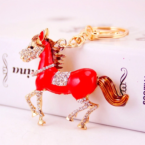 Cute Enamel Horse Keychain Zinc Alloy Rhinestone Inlaid Running Horse Bag Pendant Car Key Ring For Women Men Gift Jewelry