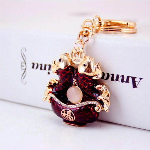 Vintage Chinese Lucky Koi Vis Emaille Sleutelhanger Zinklegering Strass Dubbelzijdige Karper Sleutelring Tas Hanger