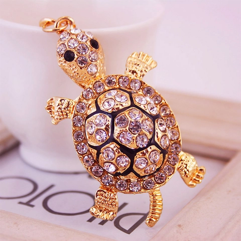 Cute Creative Zinc Alloy Rhinestone Turtle Keychain Gold Metal Tortoise Keyring Animal Bag Charm Pendant Decorative Jewelry Gift