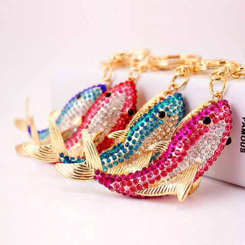 Portachiavi Squalo con Strass in Lega di Zinco Ciondolo Animale Marino Placcato Oro Decorazione Borsa per Uomo Donna Regalo