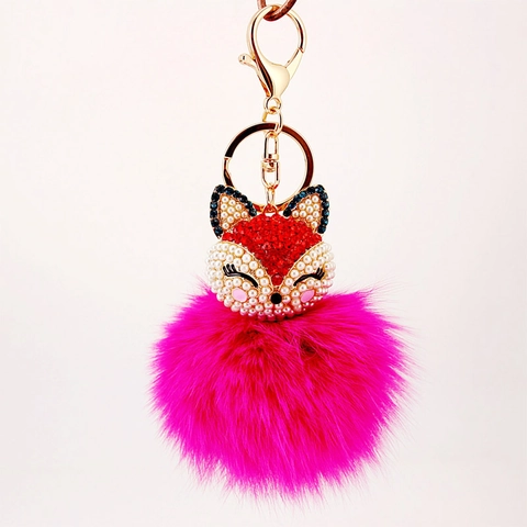 Cute Fox Head Keychain Rhinestone Artificial Pearl Zinc Alloy Pompom Bag Charm For Women Purse Backpack Pendant Gift