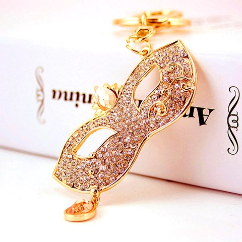 Luxurious Gold Venetian Mask Keychain With Sparkling Rhinestones Crown Decoration Water Drop Pendant Metal Bag Charm Key Ring