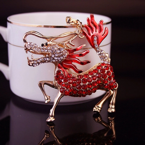 Llavero Qilin de Estilo Chino Aleación de Zinc Strass Incrustado Goteo de Aceite Dragón Colgante de Bolso Regalo de Mascota