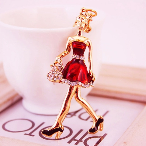 Mode Strass Mädchen Schlüsselanhänger Emaille Kleid Dame Figur Anhänger Zinklegierung Schlüsselring Für Damen Tasche Anhänger Schmuck Geschenk