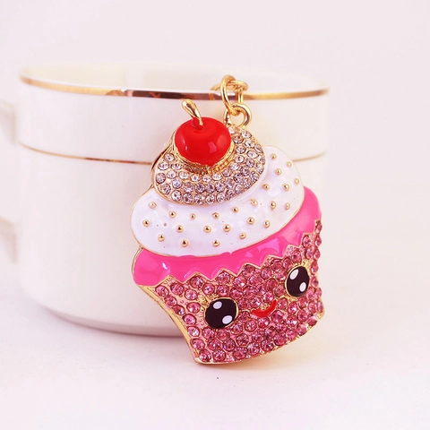 Portachiavi Cupcake Cartone Animato con Strass in Lega di Zinco Smalto Ciondolo Borsa Portachiavi in Metallo Regalo Gioielli Donna