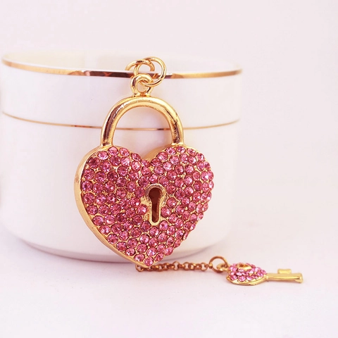 Strass Herz Schloss Und Schlüssel Schlüsselanhänger Zinklegierung Eingelegt Kristall Tasche Anhänger Romantisches Geschenk Damen Valentinstag Zubehör