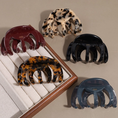 Pinza per Capelli Grande in Acetato di Cellulosa Vintage Francese Elegante Motivo Leopardato Tartarugato Fatta a Mano Donna