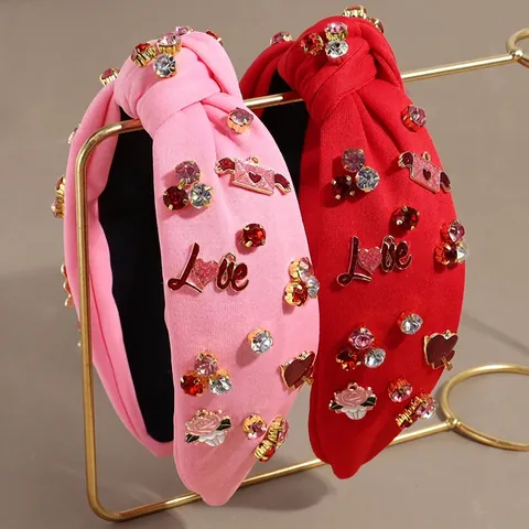 Zoete Valentijnsdag Strass Knoop Hoofdband Voor Dames Brede Gebreide Stof Hart Letter Love Feestelijke Mode Haaraccessoires