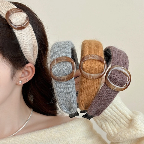 Korean Style Autumn Winter Woolen Chunky Knit Headband For Women Vintage Round Loop Wide Brim High Cranial Top Hair Accessories