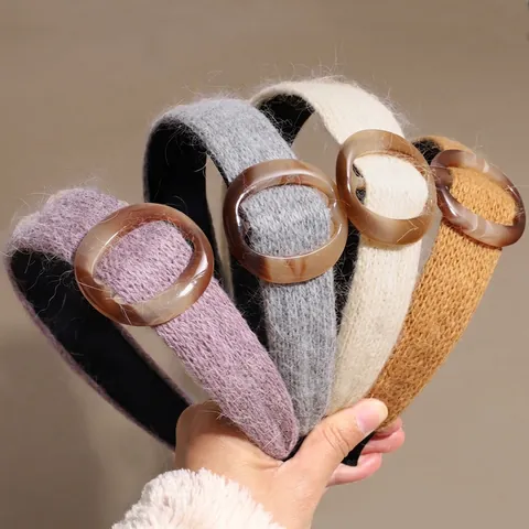 Korean Style Autumn Winter Woolen Chunky Knit Headband For Women Vintage Round Loop Wide Brim High Cranial Top Hair Accessories