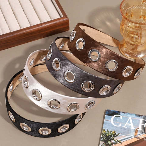Cerchietto Largo con Occhielli Metallici Punk per Donna Fascia per Capelli in Raso Antiscivolo Stile Industriale Retrò