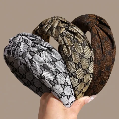 Retro Breiter Geknoteter Stoff Haarreif Monogramm Geometrisches Muster Vintage Haarschmuck Für Damen Täglich