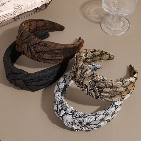 Retro Breiter Geknoteter Stoff Haarreif Monogramm Geometrisches Muster Vintage Haarschmuck Für Damen Täglich