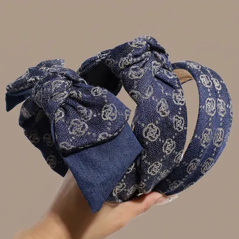 Retro Denim Print Strik Knoop Hoofdband Voor Dames Vintage Brede Rand High Top Haarband Mode Koreaanse Stijl Haaraccessoires