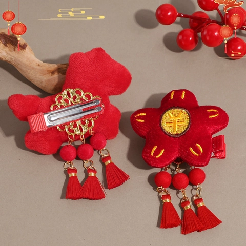 Chinesisches Neujahr Rotes Plüsch Haarrad Bestickt Pferd Blume Haarklammern Traditionelles Festliches Haar Zubehör Für Kinder Mädchen