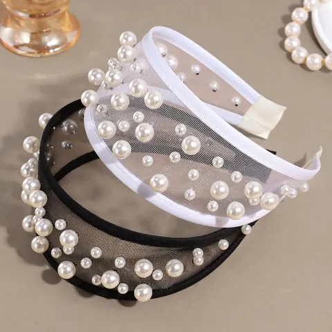 Elegante Cerchietto Largo in Rete per Donna Decorato con Perle Artificiali Bianco Nero Accessori per Capelli alla Moda per Feste