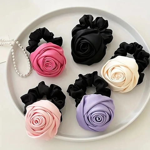 Large Rose Flower Scrunchies Satin Fabric Hair Ties French Elegant Romantic Ponytail Holder For Women Girls