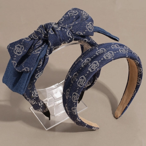 Retro Denim Print Strik Knoop Hoofdband Voor Dames Vintage Brede Rand High Top Haarband Mode Koreaanse Stijl Haaraccessoires