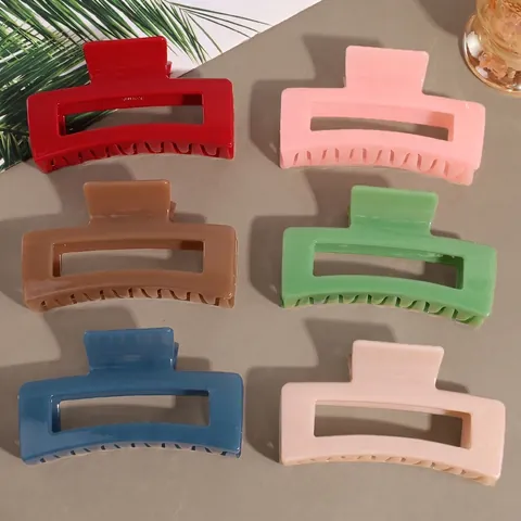 Women Rectangular Hollow Hair Claw Clip Glossy Candy Color Large Shark Clip Minimalist Fashion Hair Accessories For Daily Commute