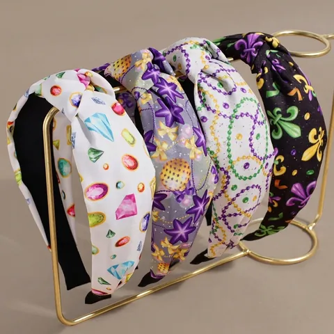 Women Knotted Wide Headband Printed Fabric Hair Hoop Fleur-de-lis Gemstone Star Pattern For Carnival Party Daily Accessory