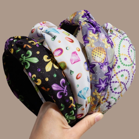 Women Knotted Wide Headband Printed Fabric Hair Hoop Fleur-de-lis Gemstone Star Pattern For Carnival Party Daily Accessory