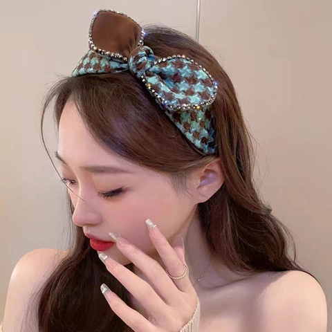Vintage Houndstooth Bow Headband Rhinestone Border Korean Style Cloth Hair Hoop For Women Daily Party Hair Accessories