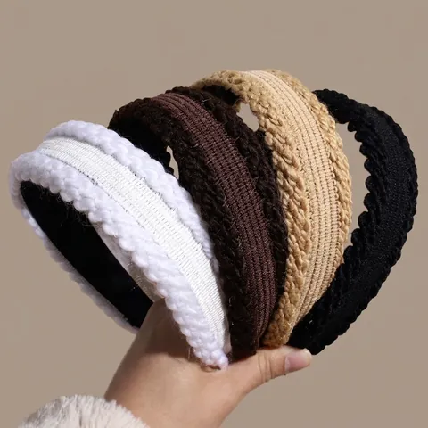Cerchietto a Maglia Retrò Treccia a Tesa Larga Fascia per Capelli in Lana Intrecciata Tinta Unita Accessori Autunno Inverno Donna