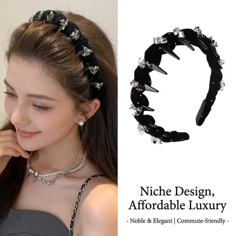 Elegant Velvet Rhinestone Headband For Women Vintage Pleated Padded Hair Band With Teeth Non-Slip Handmade Fashion Hair Accessories